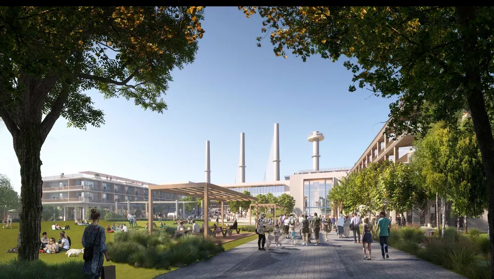 Artist's rendering of a tree-lined public promenade leading to the restored Big Blue building